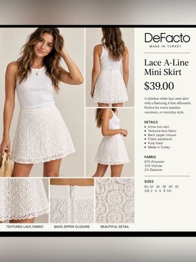 DeFacto White Lace A-Line Mini Skirt, Size 4